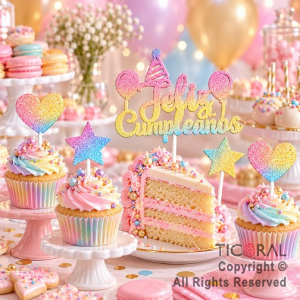 CAKE TOPPER FELIZ CUMPLEA�OS CON ESTRELLAS Y CORAZONES GIBRE MULTICOLOR